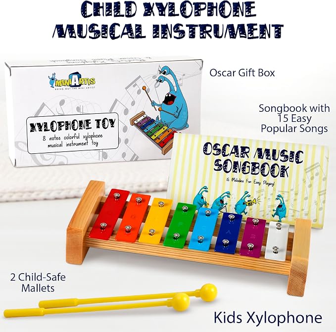 MINIARTIS Xylophone for Kids and Toddlers | 8 Notes Colorful Wooden Xylophone with 15 Music Songbook | Baby Musical Instrument Educational Montessori Toys