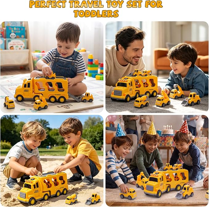 JoyRapt 5 in 1 Construction Truck Toys for Toddlers 3-5, Carrier Transport Trucks 4 Pack Small Pull Back Construction Vehicles Friction Power Cars, Christmas Birthday Gift Toys for Boys Girls.
