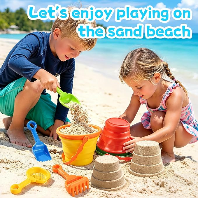Collapsible Beach Toys for Kids, 2 Packs Foldable Silicone Sand Buckets Set with 4 Packs Sand shovels and Mesh Bag, Travel Beach Essentials for Sandbox, Pool, Camping,Fishing, Summer Party Favors
