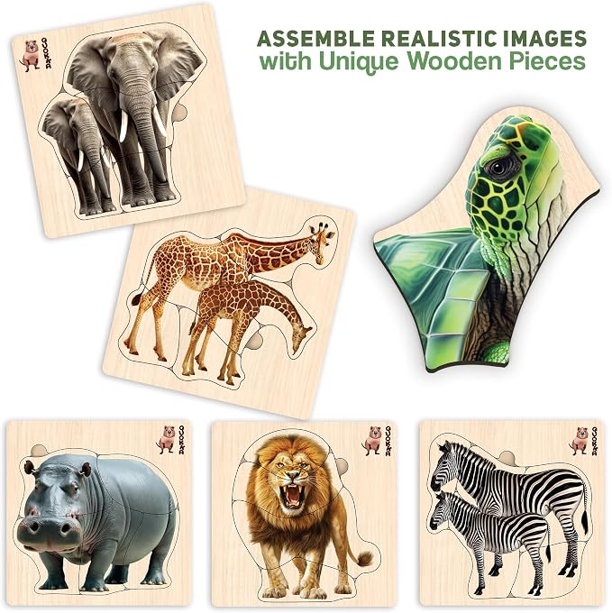QUOKKA Realistic Wooden Puzzles for Toddlers 1-3 Year Old - 5,9 x5,9 Inches Kids Puzzles Ages 2-4 - Safari Montessori Toddler Toys - Motor Skills Games Gifts for Boys and Girls