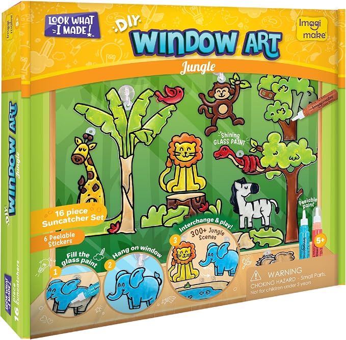 Imagimake Window Art Jungle | Low Mess Suncatcher Kit | 16 Pieces Glass Painting Set | Kids Activities Ages 5-8 | DIY Craft Kit | Birthday Gift for Boys & Girls Ages 5,6,7,8,9,10,12 Years Old
