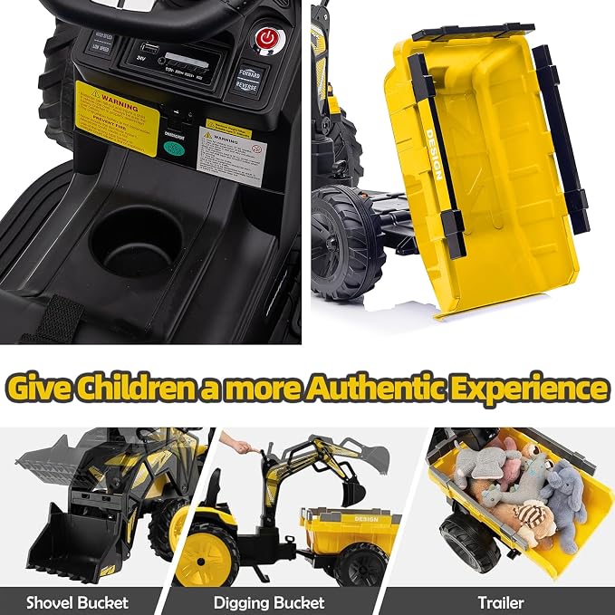 3 in 1 Ride on Tractor, 24V Ride on Toy for Big Kids, Excavator Bulldozer - Battery-Powered Electric Vehicle w/Trailer, Digger, Remote Control, LED Lights, Music, USB, Battery Powered, Yellow