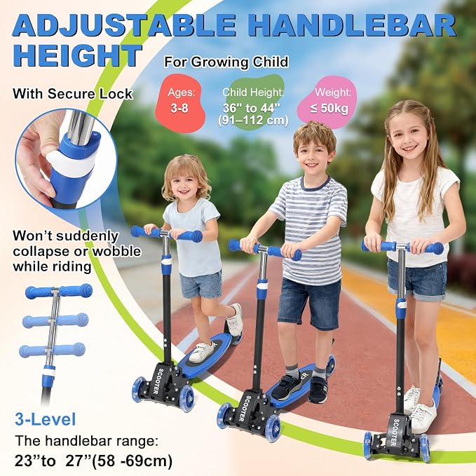 Scooter for Kids 3-5 5-7,Light up 3 Wheels Kick Scooter,Heavy Duty Folding Lean-to-Steer Scooters with 3 Adjustable Handlebar for Boys Girls,Widen Anti-Slip Deck,Rear Break,Holds up to 150Lbs