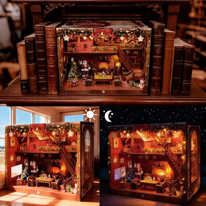 DIY Miniature House, LED Lighting Book Nook Kit Dollhouse Kit,Music Box Dollhouse, 3D Wooden Puzzle with Dust Cover,Gifts for Family, Friends,Christmas(Christmas Carnival)