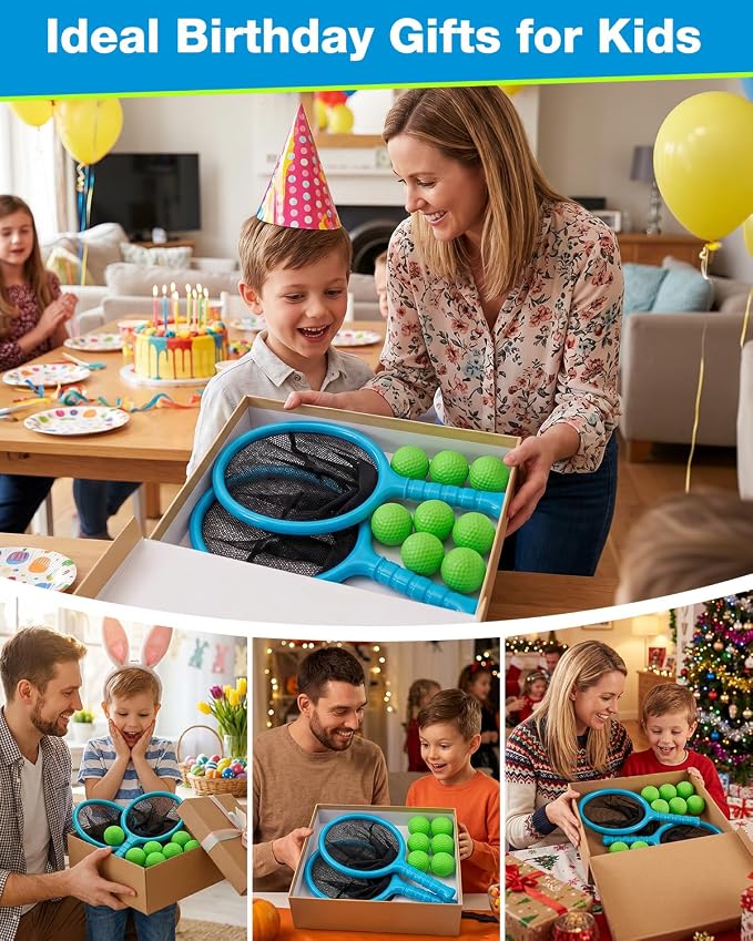Slingshot Scoop Ball Set, Shoot and Catch Game Set with 2 Oversized Scoop Nets & 8 Foam Balls, Outdoor Toys Yard Pool Beach Games for Kids Ages 5-12, Birthday Gifts for Boys Girls