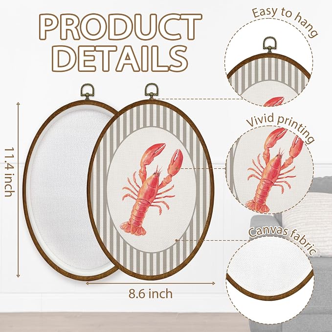 WULQYING Coastal Beach Red Lobster Wall Art Decor, Beach Nursery Oval Framed Canvas Art Prints, Neutral Striped Ocean Crawfish Wall Hanging Decor for Home Bedroom Kids Nursery Room, 8.6x11.4 Inches