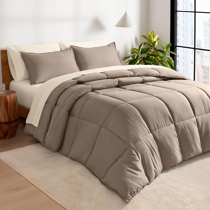 Bare Home Bed-in-A-Bag 7 Piece Comforter & Sheet Set - Queen - Goose Down Alternative - Ultra-Soft 1800 Premium - Bedding Set (Queen, Taupe/Sand)