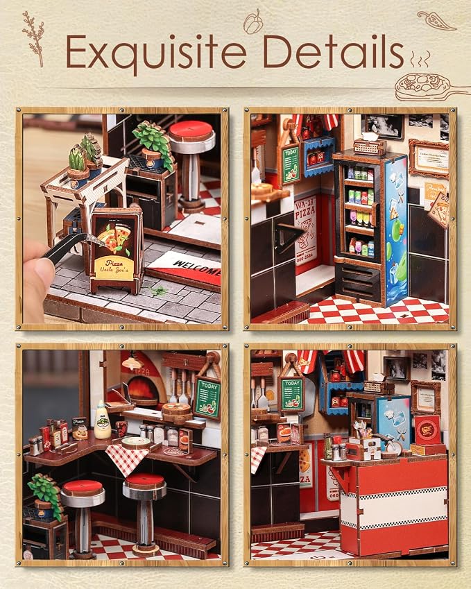 Cutefun Book Nook Kit - DIY Miniature Pizza Shop Booknook Kits for Adults and Teens, 3D Wooden Puzzle Bookend Bookshelf with LED Light, Creative Crafts Gifts for Beginners (Uncle Joe's Pizzeria)