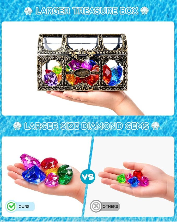 Swim Diving Games Pool Toys 17PCS Big Colorful Diamond Toy with Treasure Box Chest Summer Underwater Gemstone Outdoor Water Accessories for Kid Age 5 6 7 8 9 10 11 12 Year Old Girl Boy Stuff Fun Gift