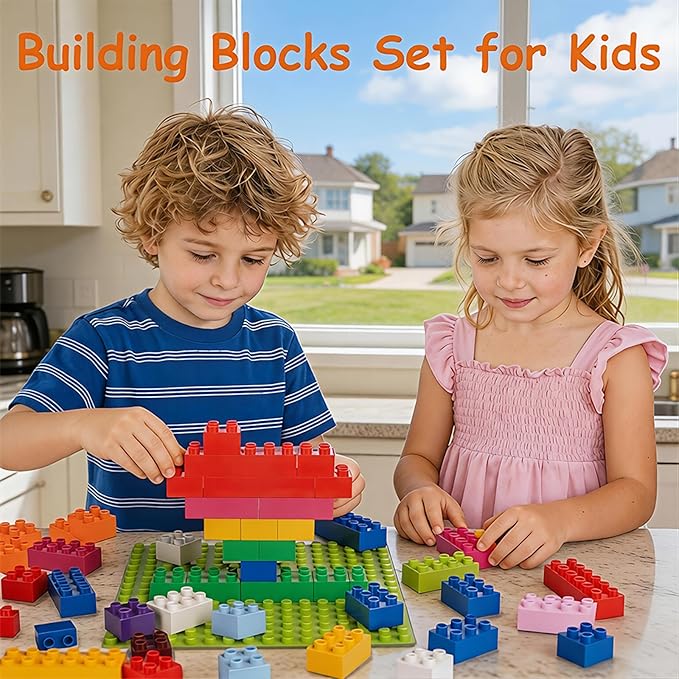 Building Blocks Set for Kids with Baseplate Big Building Bricks 101Pcs Classic Bulk Sensory Toy for Kids Toddlers Boys Girls 15 Random Colors Birthday Gift Compatible with Lego All Major Brand