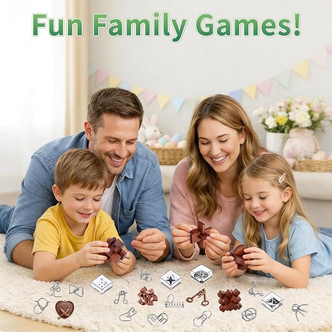 TAHAVICE 24 PCS Brain Teaser Puzzles Set, Wooden & Metal 3D Unlock Interlock Game, Kongming Luban Lock Wire Disentanglement IQ Puzzle, Logic Challenge Educational Gift for Adults Teens Kids