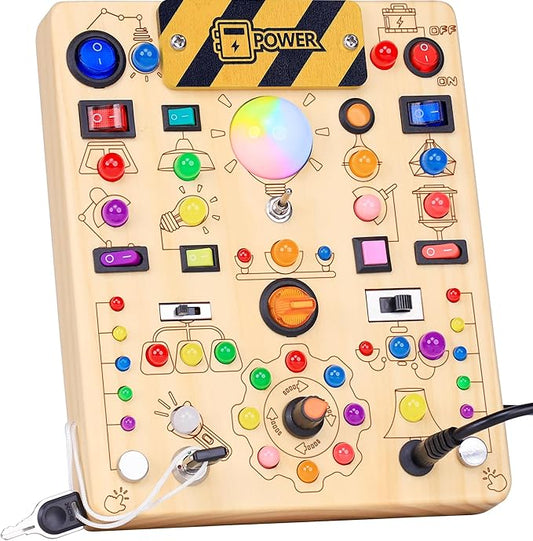 RichBoy Montessori Toy Busy Board with 40 LED Lights, 59-in-1 Sensory Toys for Toddlers, Travel Educational Activity for Airplane, Ideal Christmas Birthday Gift for Boys & Girls (7.8" x 6.5")