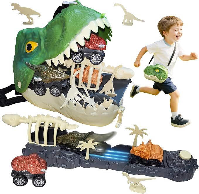 3-in-1 Dino Bag, Rolling Wheels & Launch Tracks, 13pc Jurassic Set, 3+ Gift | 3-in-1 dino bag: store, pull & launch! 13pc set with wheels & track fuels imaginative Jurassic play. Gift 3+