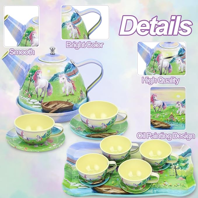 Tea Party Set for Toddlers 3-5, 50PCS Horse Tin Tea Sets for Little Girls with Metal Teapot, Cake Stand, Desserts & Carrying Case, Kids Kitchen Pretend Play Birthday Gift for Girls Age 3 4 5 6 7 8