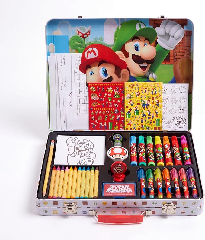 Innovative Designs Mario Brothers Super Mario Deluxe Activity Set with Carrying Tin, Coloring Sheets, Tattoos, Stickers, & Art Supplies | Super Mario Brothers Activity Kit with Mario Coloring Sheets, Stickers, Tattoos, Markers, Crayons, Gel Pens & Carr...