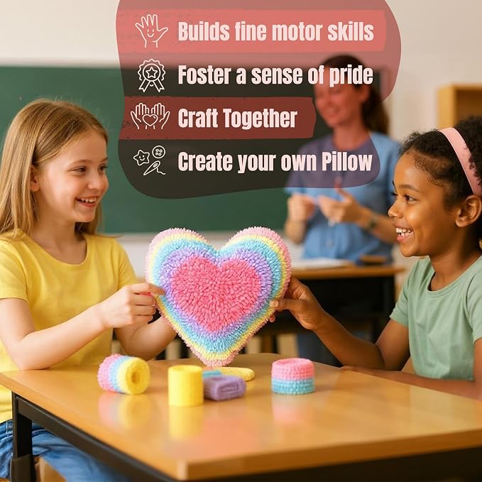 CRAFTILOO Latch Hook Kit for Kids Rug DIY Pillow Craft with Hook, Precut Yarn, Easy to Follow Pattern Cute Designs with Rainbow Heart Ages 6+