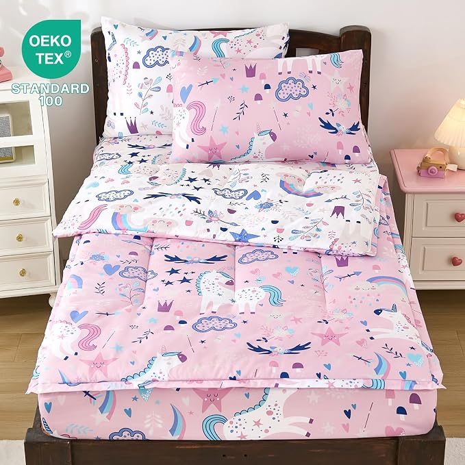 DJY Zipper Bedding Set Twin, Pink Unicorn Bedding Sets for Girls, Kids Comforter Set with Fitted Sheet Pillowcases, All in One Zipper Bed Set for All Seasons