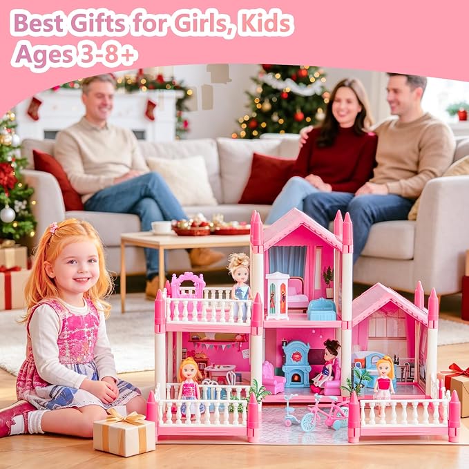 Dream Doll House for Girls with Lights, Mat, Dolls & Furniture - Imaginative Dollhouse Playset DIY Pretend Play Toy Gift for Kids Ages 3-8