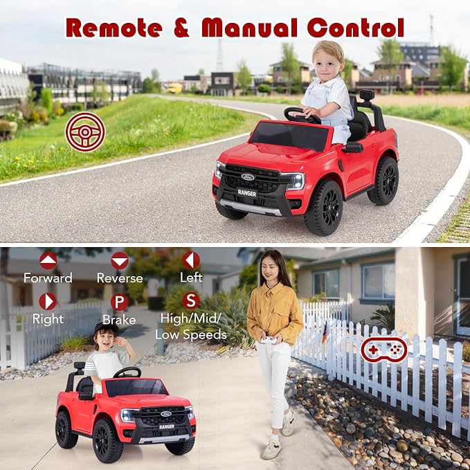 Licensed Ford Ranger Ride on Pickup Truck by INFANS, 12V Battery Powered Electric Vehicle for Kids with Remote Control, Headlight, Power Display, Bluetooth, MP3, Music, Aged 3-6 Years (Red)