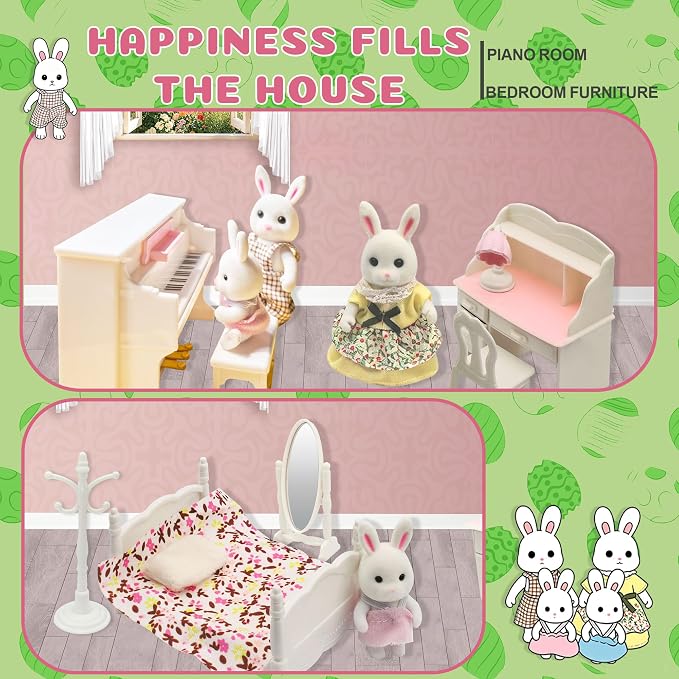Dollhouse Bedroom Furniture Accessories Suitcase Set for Kids, Miniature Bed Wardrobe Dressing Mirror Piano Chair Table & 4 Flexible Dolls, Pretend Play Toy for Girls Ages 3+ (Girls' Bedroom)