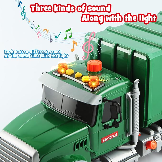 Dwi Dowellin Toddler Toys for 3 + Years Old Boys, 15" Large Garbage Truck Toy,Friction Powered Waste Management Garbage Truck with Lights and Sounds,3 Rear Loader Trash Cans,Kids Gift