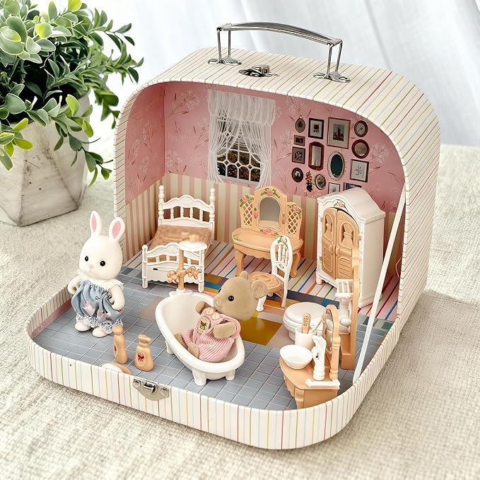 TUZT Suitcase Dollhouse Furniture Set for Kids, Mini Dollhouse Box with 2 Flexible Dolls and Bedroom&Bathroom Furnitures, Pretend Play Accessories Christmas Birthday Gift for Toddlers Ages 3+