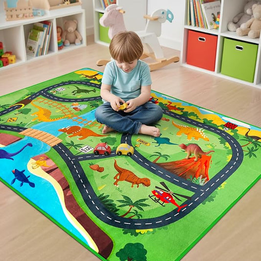 Car Rug Play Mat,4'11" x 6'7" Dinosaur Park Road Car Mat for Kids,Non-Slip Dino Car Track Rugs for Kids Toy Cars,Educational Kid Road Playmat Rug for Playroom Bedroom Kid Room(for Age 2+)