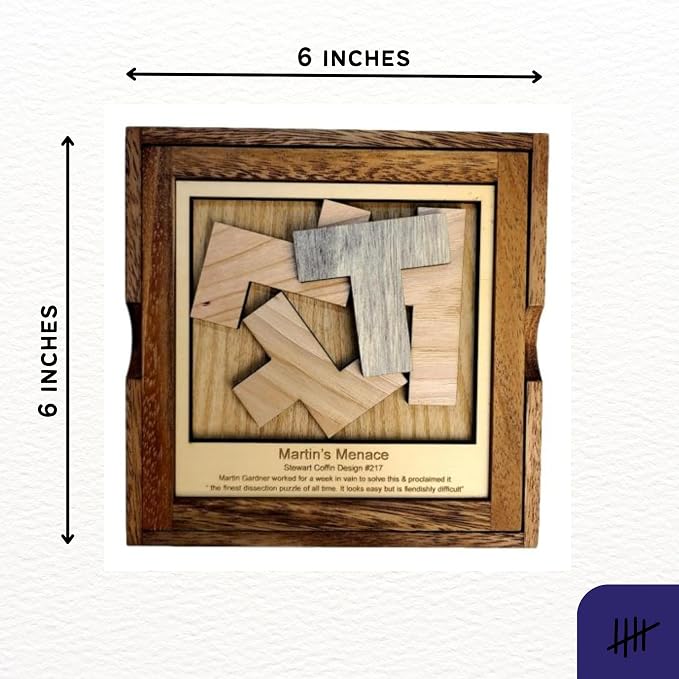 Creative Crafthouse Martin's Menace Large Stewart Coffin Wood Puzzle | Design number 217. Four packing pieces in a 6 inch square that look easy and are not. A tough desk gift, made in USA