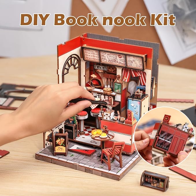 Fsolis Book Nook Kit - 3D Wooden Puzzles for Adults DIY Miniature House Kit Bookshelf Pizza Shop Diorama Gifts for Women Puzzle Lovers (Uncle Joe's Pizzeria)