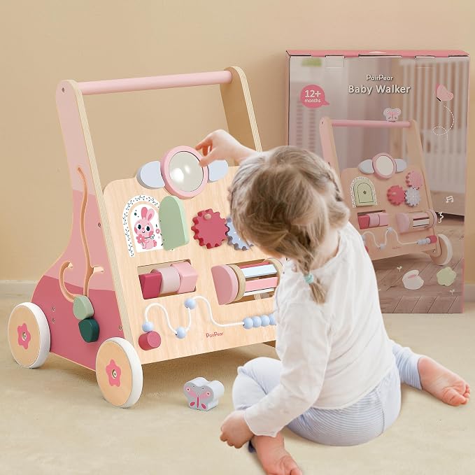PairPear Wooden Baby Walker, Baby Push Walker Toys Activity Center | Wild - Base Montessori Walker Toys Gift for Girls Boys 1 Year Old Leaning to Walk