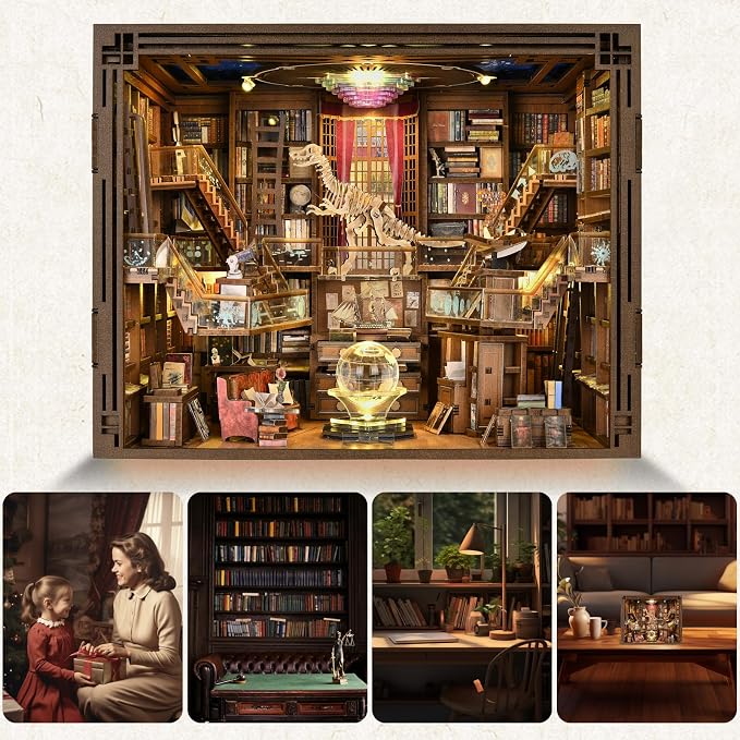 CCCDF DIY Book Nook Library Kit, Miniature Dollhouse Booknook Kit, 3D Wooden Puzzle Bookend Bookshelf with LED Light for Teens and Adults (Beyond Library Max)