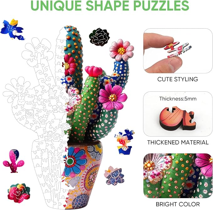 Mys Aurora Puzzles for Adults Cactus Flower Wooden Puzzles, 300 Pieces Unique Shaped Jigsaw Puzzles, Birthday for Adults and Kids, Fun Challenge Family Game 12.2 x 17 Inch