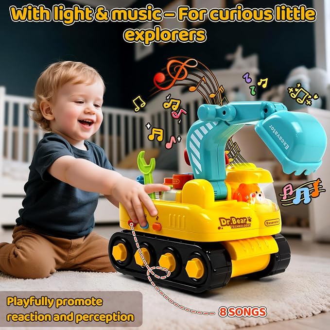 Toys for 2 Year Old Boys: Toddler Tool Set, Excavator Take Apart Toys with Electric Drill, Screwdriver, Wrench, Learning Pretend Construction Toy for 2 3 Years Old Kids Birthday Gift, Musical, Light