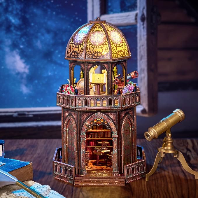 DIY Miniature House Kit,Steampunk Observatory for Adults to Build, Birthday/Christmas Day Gift for Family and Friends, 3D Wooden Dollhouse with LED Lights,Observatory