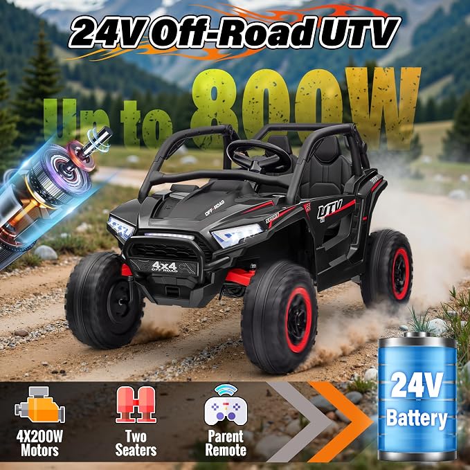 24V Ride on Car, 2 Seater XL 4X4 Off-Road UTV w/RMP2000W Powerful Motors, Remote Control, Bluetooth Music, LED Lights, 24 Volt Ride on Toys for Big Kids, Black