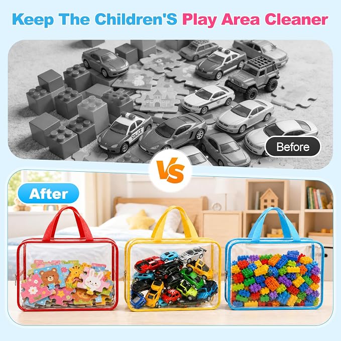Toy Storage Bags, Large capacity Toy Organizers and Storage, Plastic Waterproof Zip Pouches with Labels for Lego, Puzzle, Building Blocks, Board Game, Magnatiles Organizer, Clear Toiletry Bag (4)