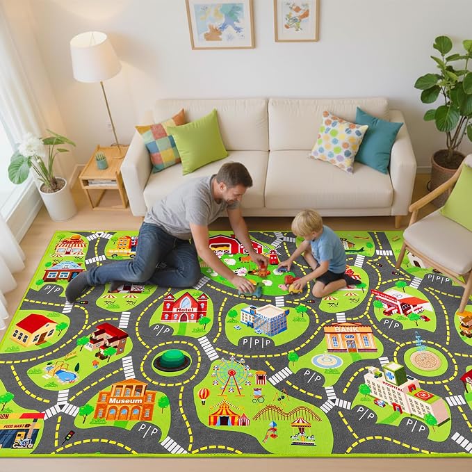 Kids Car Rug Play Mat, Non Slip City Road Carpet for Kids Toy Cars, Car Track Rug Play Mats for Floor, Educational Vehicle Rugs for Playroom Bedroom Kids Room, Machine Washable (78.7"X47.3", A)