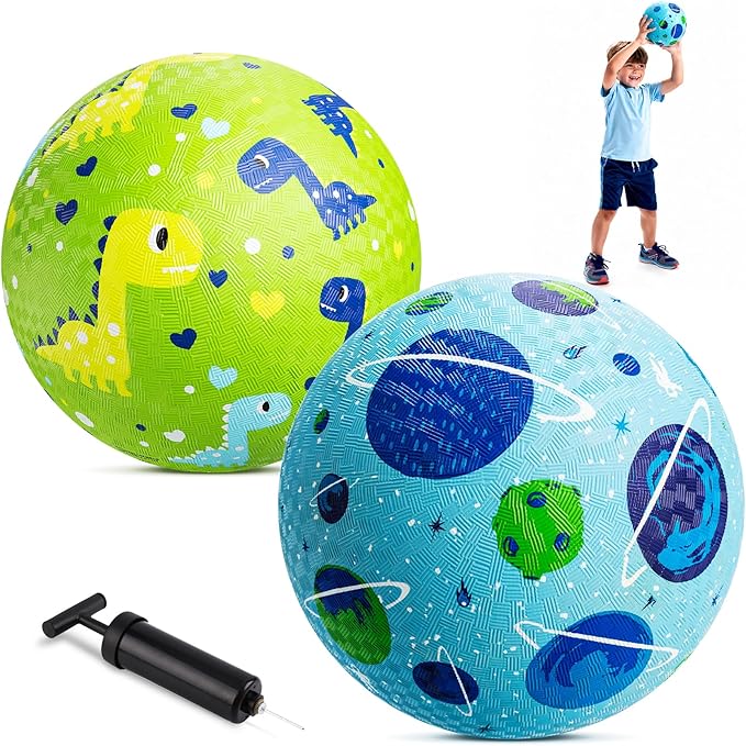 ZOOJOY Pack of 2 Cartoon Playground Balls, Balls for Toddler 3-12, 8.5" Rubber Ball Bouncy Kickball, Indoor & Outdoor Ball Game for Kids with Pump