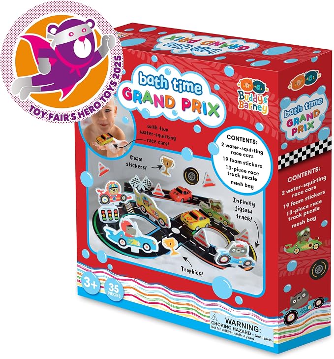 Buddy & Barney: Bath Time Grand Prix - Build A Floating Racetrack, 2 Water-Squirting Race Cars, Foam Stickers & Track Puzzle, Interactive Toy, Kids 3+