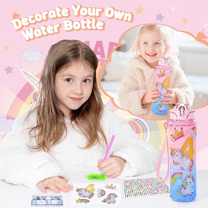 Unicorn Gifts for Girls, Christmas Birthday Gifts for Girls Age 4 Years Old Girl Birthday Gift Unicorn 3D Pop-Up Card for 4-Year-Old Girl and DIY Water Bottle Kits, Unicorn Toys for Daughter, Niece