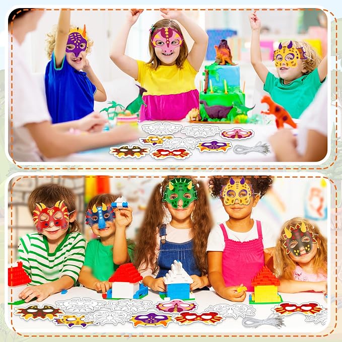 Lonfliness 36 Set Dinosaur Coloring Mask Dino Paper Arts Crafts Color Your Own Dinosaur Blank DIY Mask Masquerade Birthday Party Dress-Up Decorations Favor Activity Game Supplies