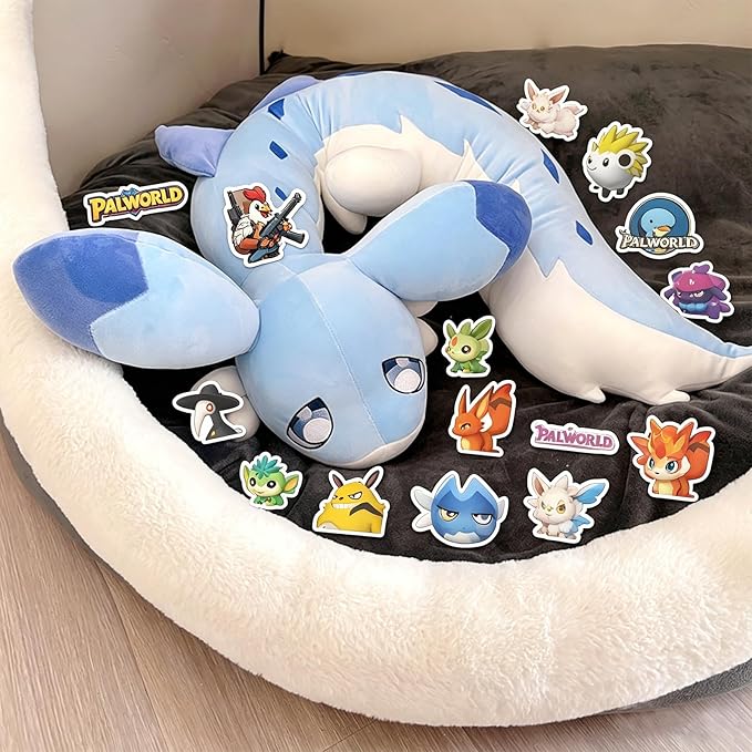 56-PCS Chillet Plush Toy Set | 1 Blue Chillet Plush + 55 Palw0rid Themed Stickers | 47 Inch Ultra Soft Dragon Stuffed Creature Figure | Cute Dino Stuffed Animal Pillow | Ideal Gift for Game Enthusiast