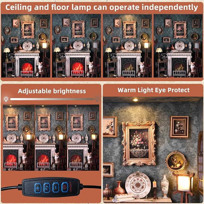 Book Nook Kit - 3D Wooden Puzzle with LED Switch Control & Wall-Mountable Frame,DIY Miniature House for Beginners,Bookshelf/Tabletop/Wall Decor for Craft Lovers,Dollhouse Gift,Fireplace