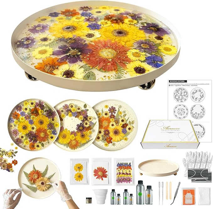 Auraeve All-in-One Resin Tray Craft Kit for Adults, Beige-Pro, 11.8" | 54Pcs Real Flowers, 13.5OZ Epoxy Resin, Metal Tray, Gift for Craft Lovers, Trinket Organizer, Décor