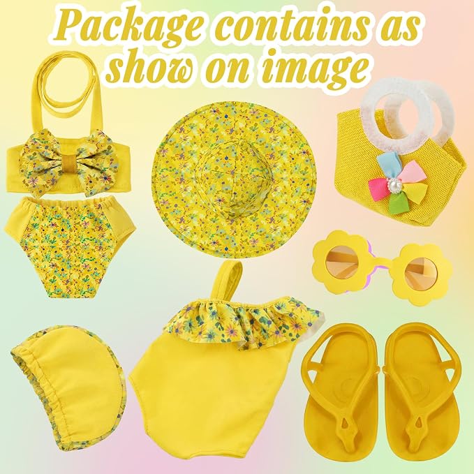Kajaia 8 Pcs Butter Yellow 18 Inch Doll Clothes and Accessories Doll Swimsuit Dress Flip Flop Hat Outfit Swimsuit Accessories