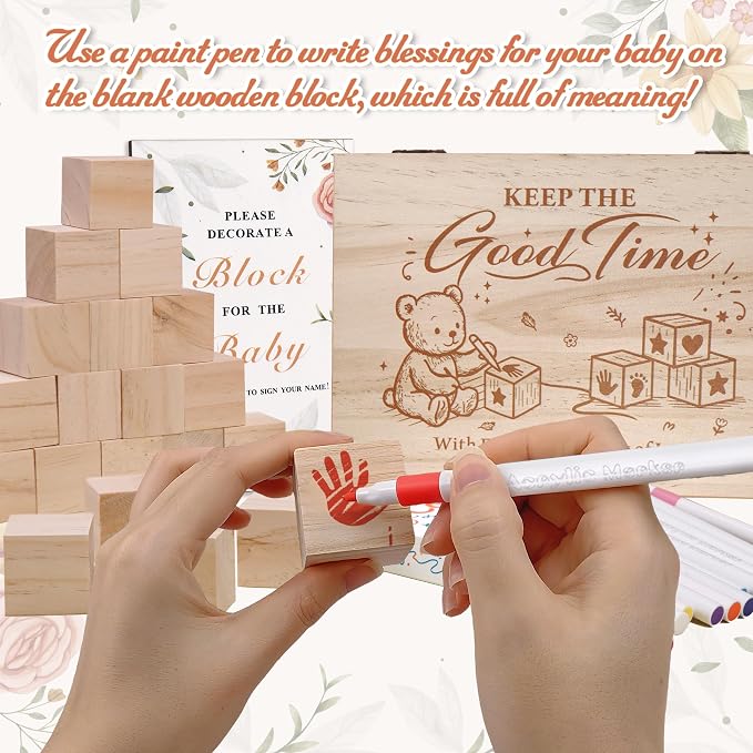 78 PCS Shower Games Sign Kit for Boys Girls, Wooden Box and Sign, Blank Wooden Blocks for DIY Drawing, Markers, Shower Game for Gender Reveal Activity, Shower Ideas Decorations, Bear C