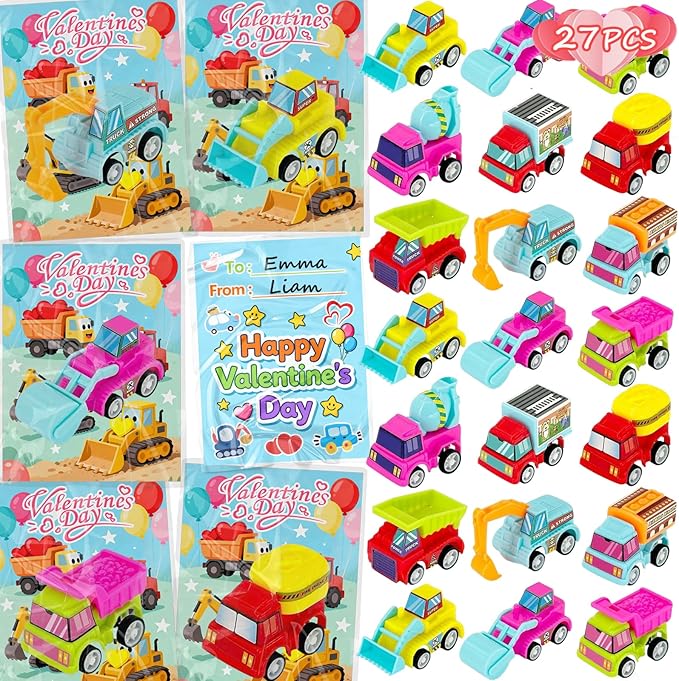 Car Toys for Ages 3-5 Kids - 27PCS Valentine Gifts with Pull Back Cars Truck Vehicles Set for Boys Girls, Construction Toy for Class Party Favors, Potty Training Reward for Kid Classroom