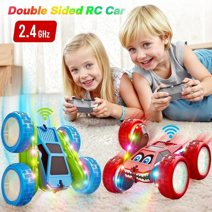 WayEee Remote Control Car, 360° Flips RC Stunt Car with LED Lights Strips, Type-C Charge Modular Battery, 2.4 GHZ Double Sided High Speed RC Cars for Boys Age 8-12 Girls 3+ Kids Toys Birthday Gifts