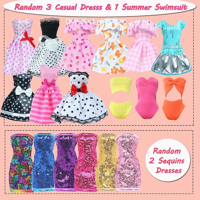 Doll Clothes 21Pcs Including 3 Fashion Dresses 5 Daily Slip Dresses 2 Casual Tops and Pants Outfits 2 Sequins Dress 1 Swimsuit 3 Bags 5 Hangers Accessories for 11.5 inch Girl Doll