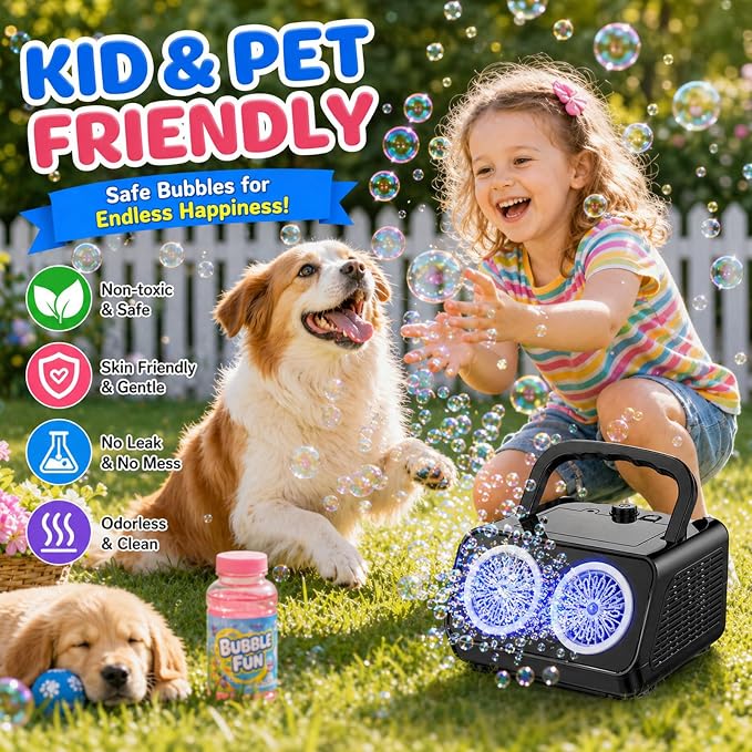 SHCKE Automatic Bubble Machine with 2 Fans,20000+ Bubbles/Min | Dual power USB-C/AA, No-Leak Sealed Bottle,Portable Bubble Maker for Pool, Wedding, Camping, Birthday Parties